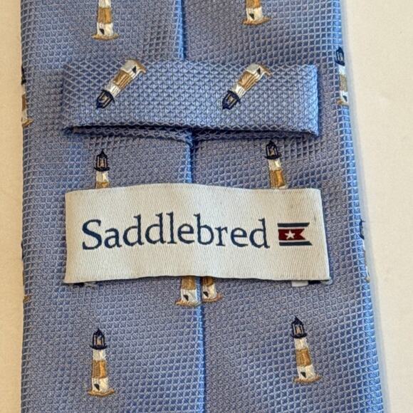Saddlebred Lighthouse Silk Blend Textured Blue Nautical Necktie 60” Foulard Tie - Picture 5 of 5